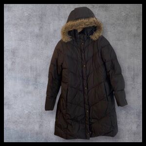 Lands' End Black Puffer Coat with Faux Fur Hood